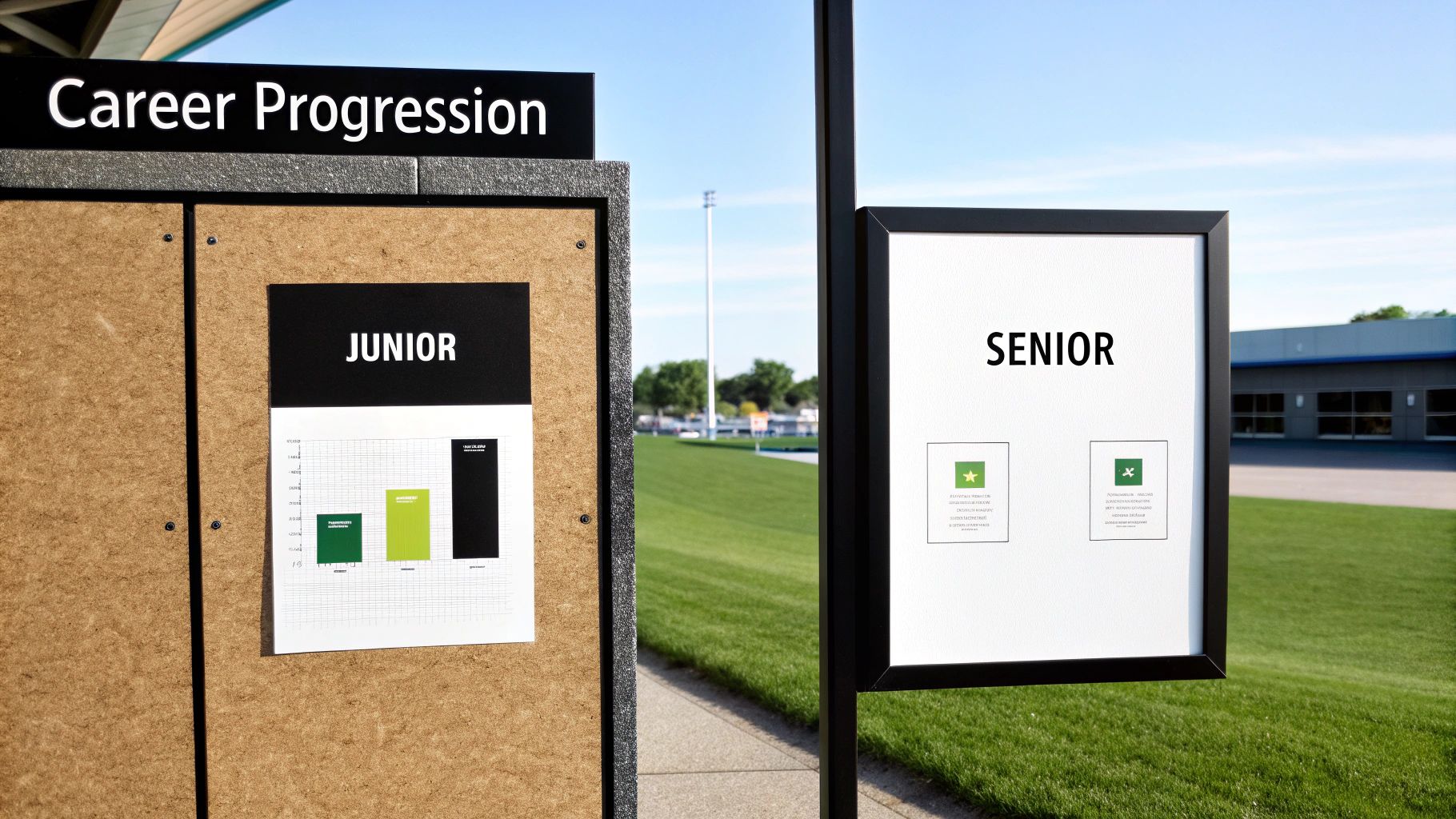 Outdoor signs displaying 'Career Progression' with 'Junior' graph and 'Senior' information on a sunny day.