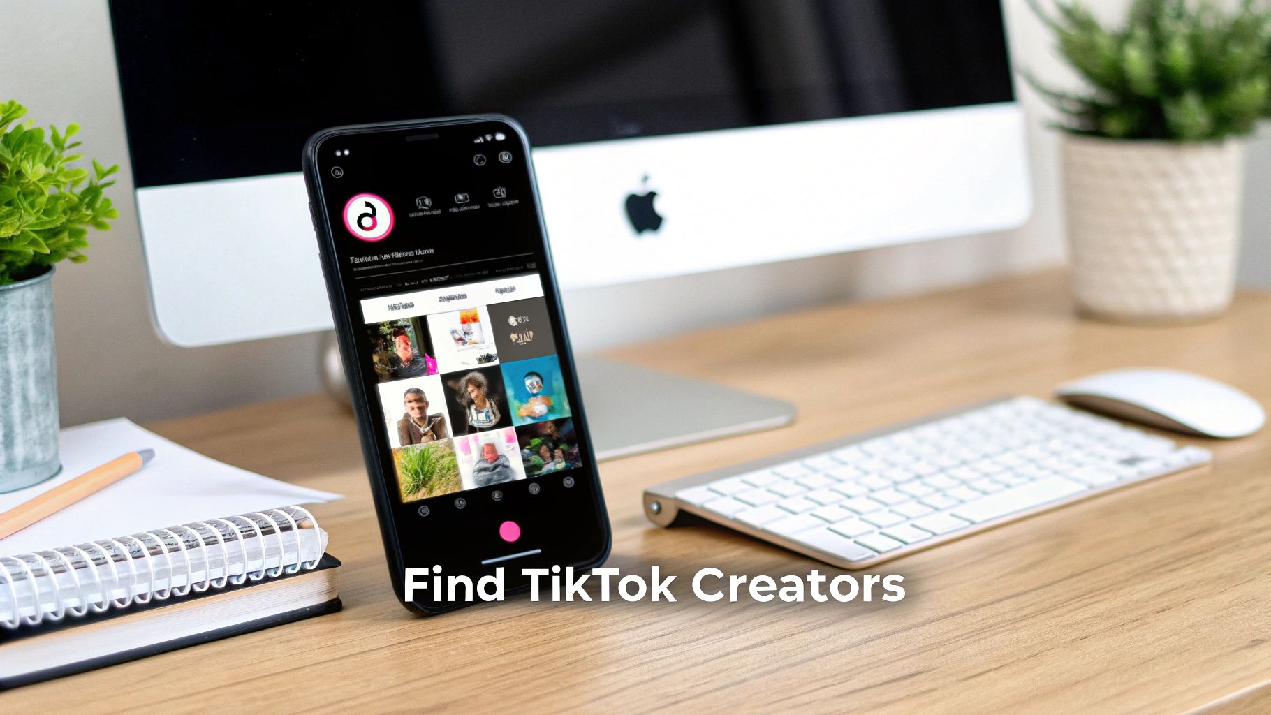 A smartphone on a wooden desk displays a social media app with various creator profiles and videos, with a computer monitor in the background.