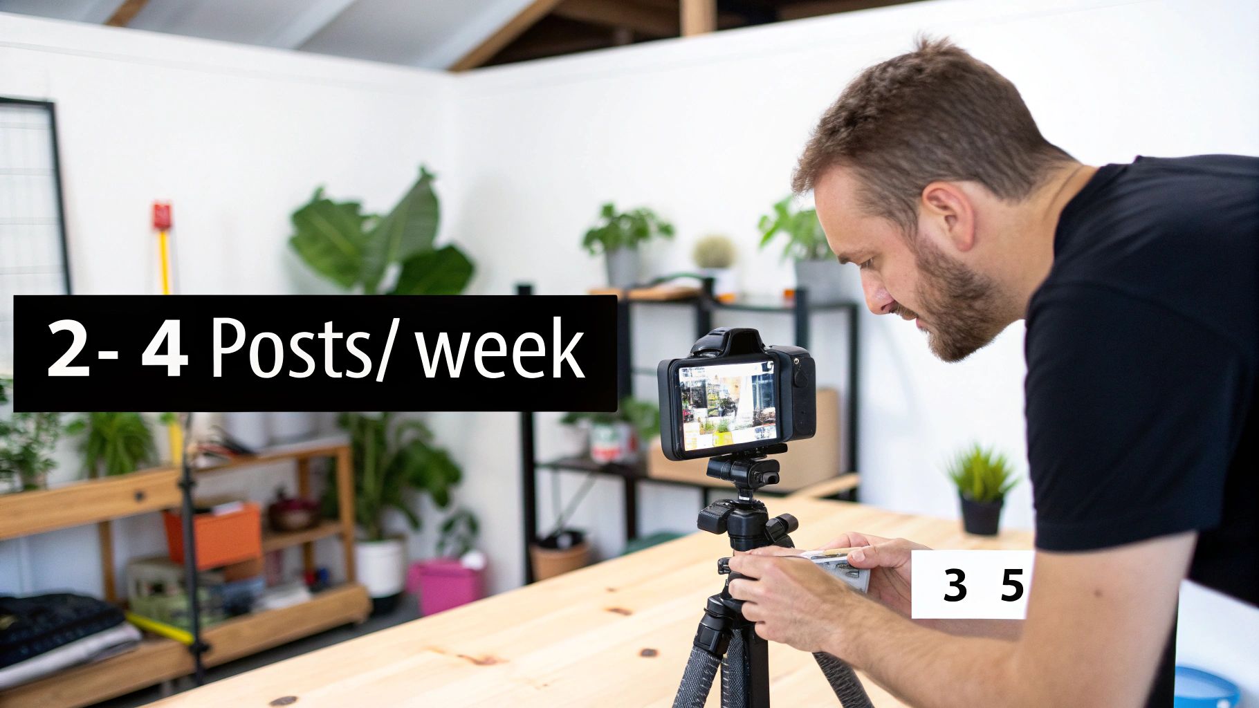 A man adjusts a camera on a tripod in a studio, with text indicating '2-4 Posts/week'.