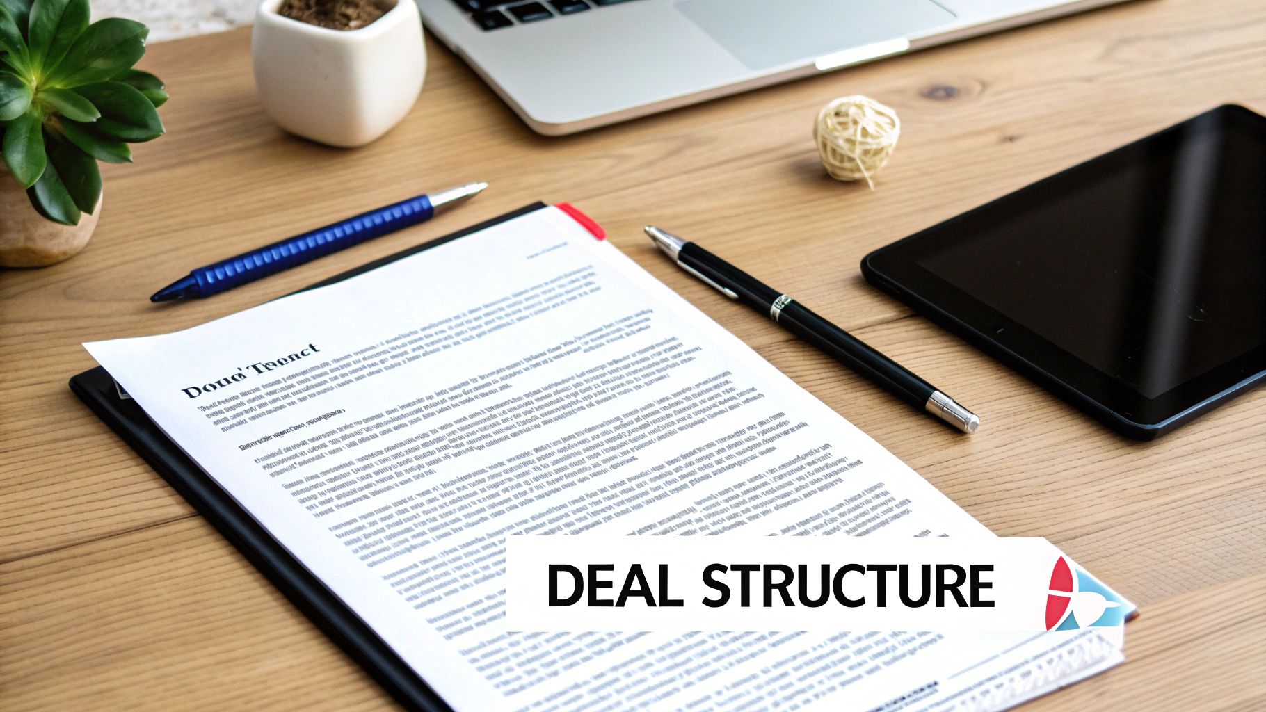 A top-down view of a wooden desk with a document titled 'DEAL STRUCTURE', pens, laptop, and tablet.
