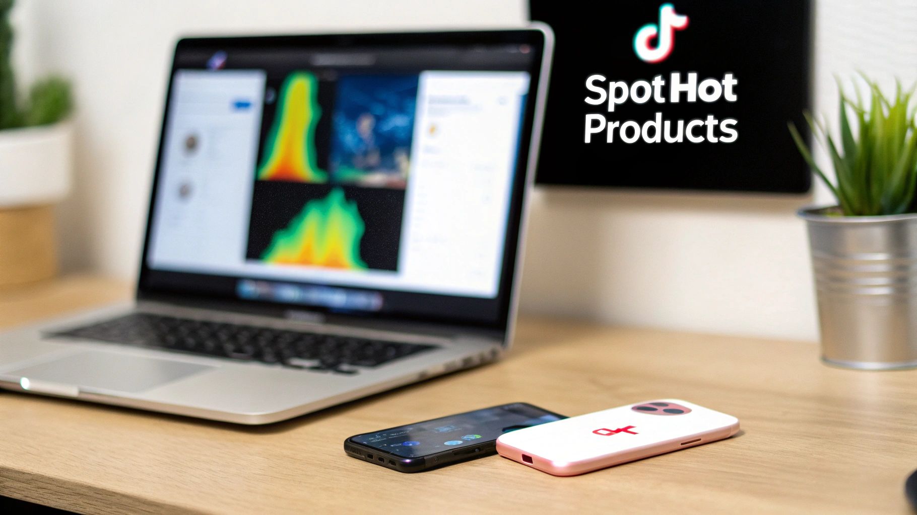 A laptop showing data visualizations, a monitor displaying 'Spot Hot Products' and TikTok logo, and two phones on a desk.