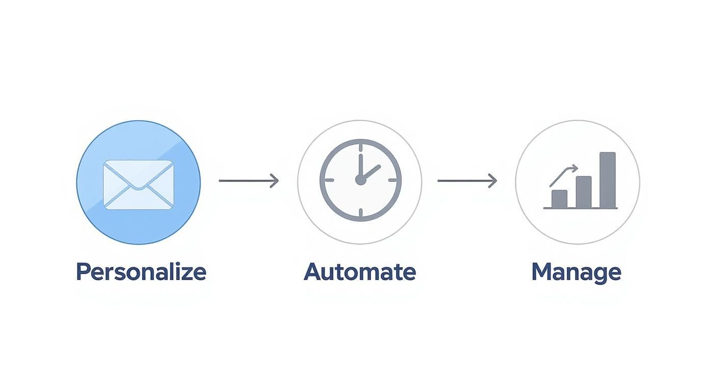 A three-step process: Personalize with an envelope, Automate with a clock, and Manage with a bar chart showing growth.
