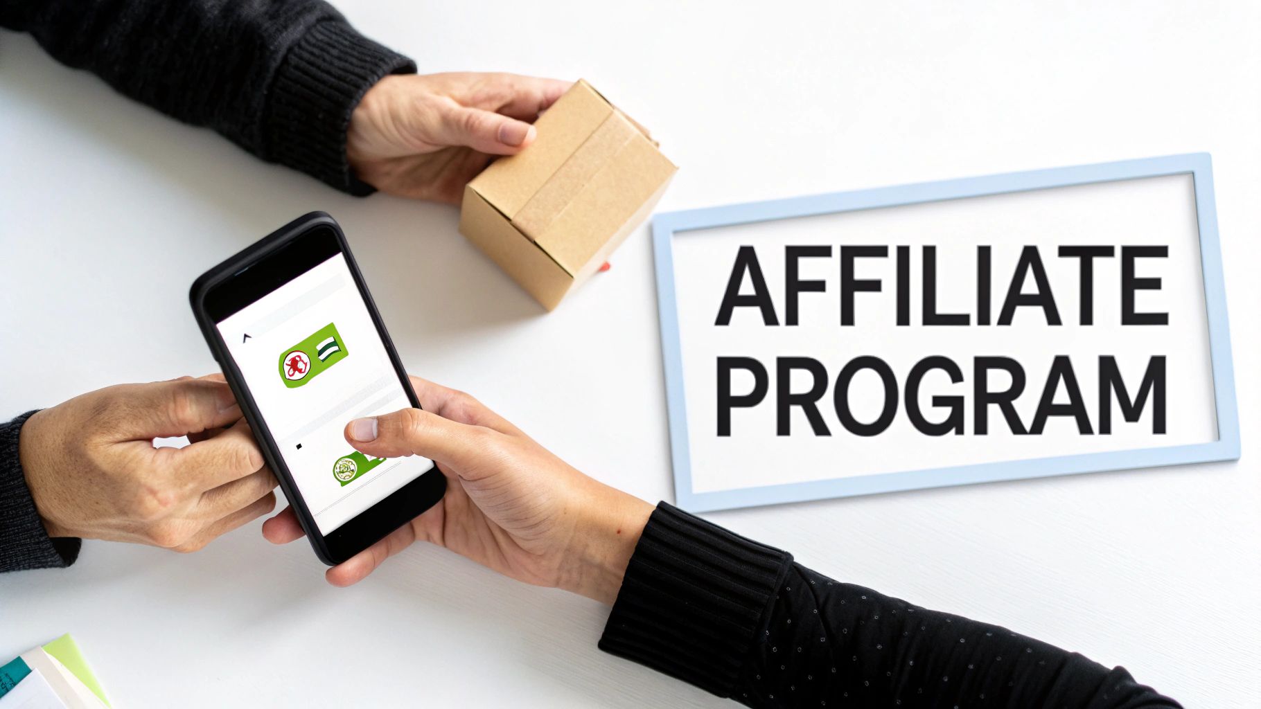 Two people exchanging a package while one uses a smartphone next to an 'AFFILIATE PROGRAM' sign.