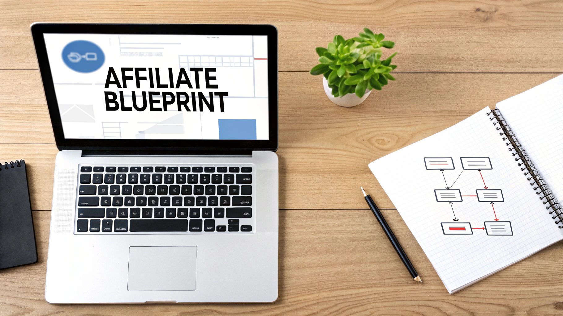 Laptop displaying 'Affiliate Blueprint' with a plant and flowchart notebook on a wooden desk.