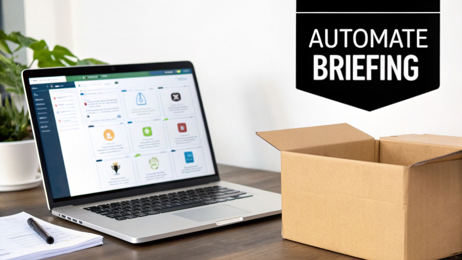 A laptop displays a digital dashboard with an open cardboard box and a banner 'AUTOMATE BRIEFING' on a desk.
