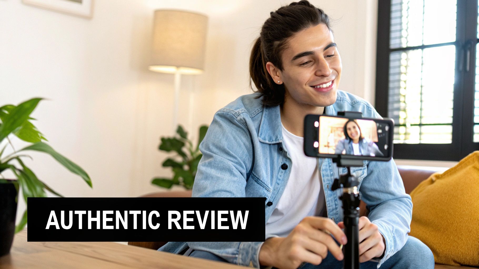 A smiling young man records a video on his phone, mounted on a tripod, for an authentic review.