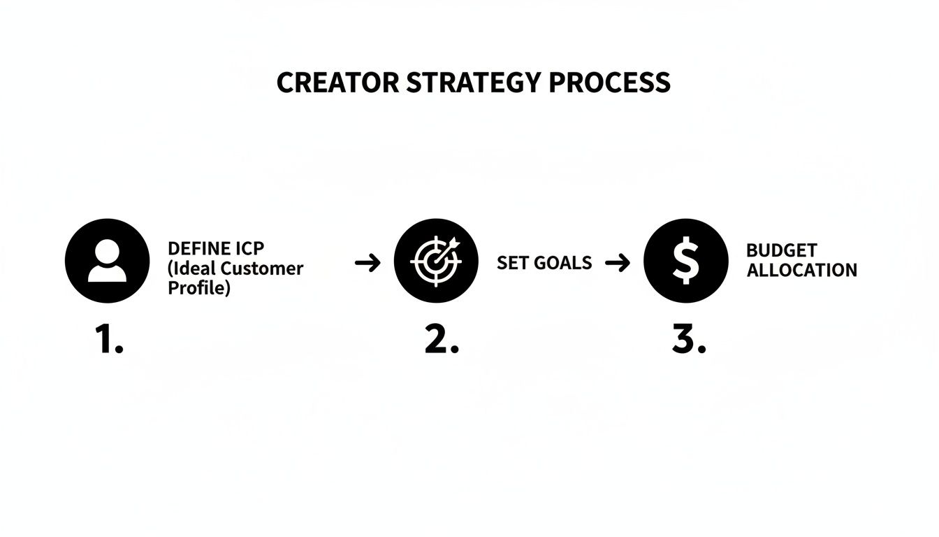 A diagram illustrating a three-step creator strategy process: define ICP, set goals, and budget allocation.