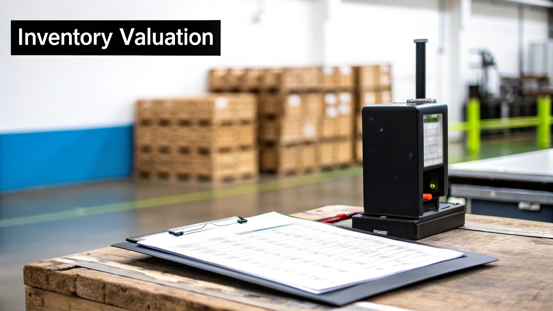 A clipboard, a measuring device, and boxes in a warehouse, illustrating inventory valuation.