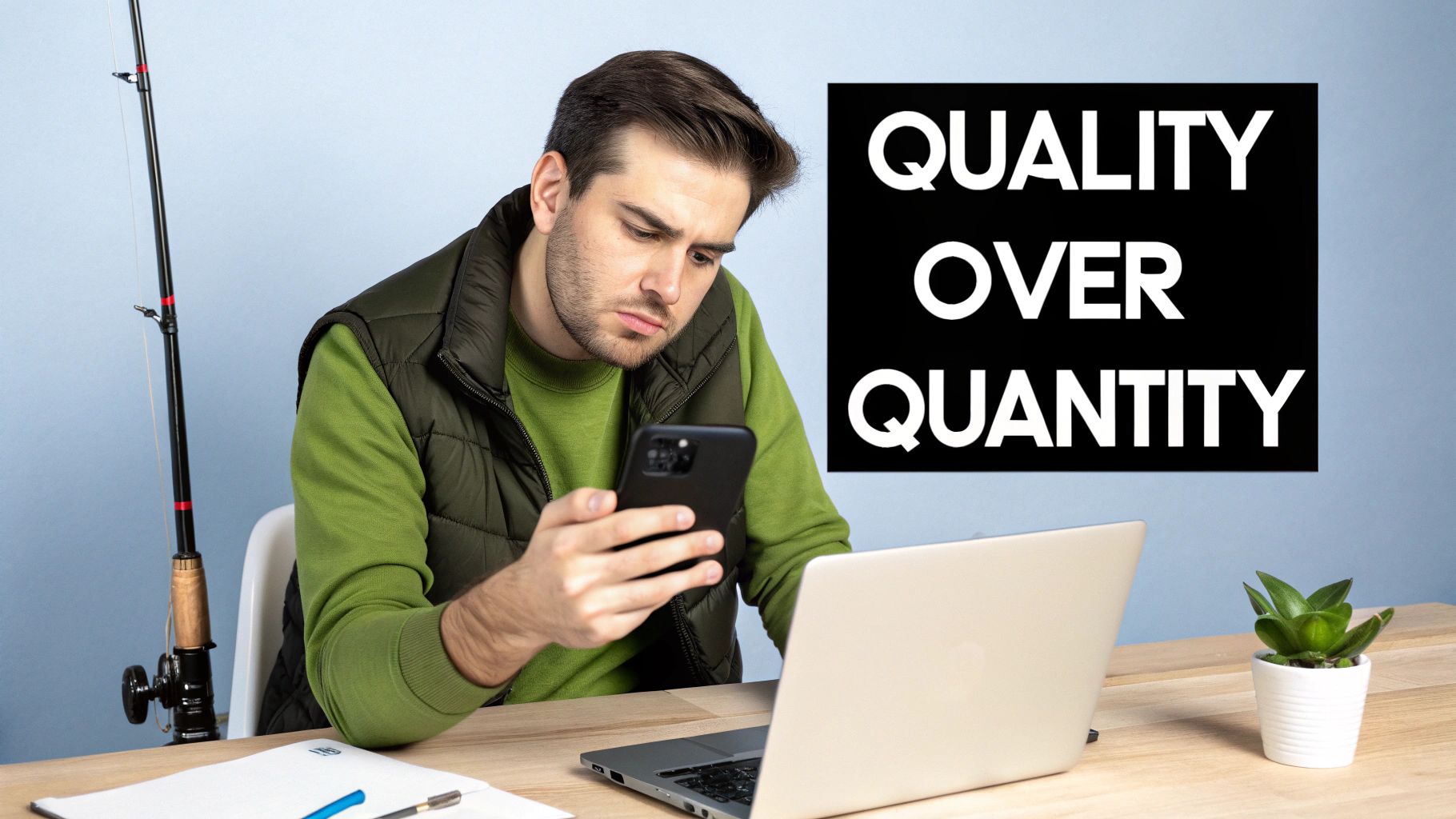 A man looks at his phone at a desk with a laptop, fishing rod, and 'QUALITY OVER QUANTITY' text.