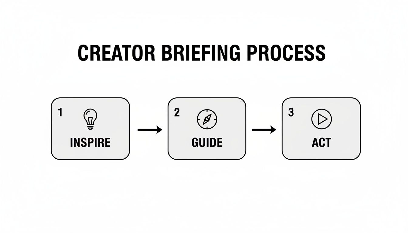 A flowchart outlining the Creator Briefing Process with three sequential steps: Inspire, Guide, and Act.