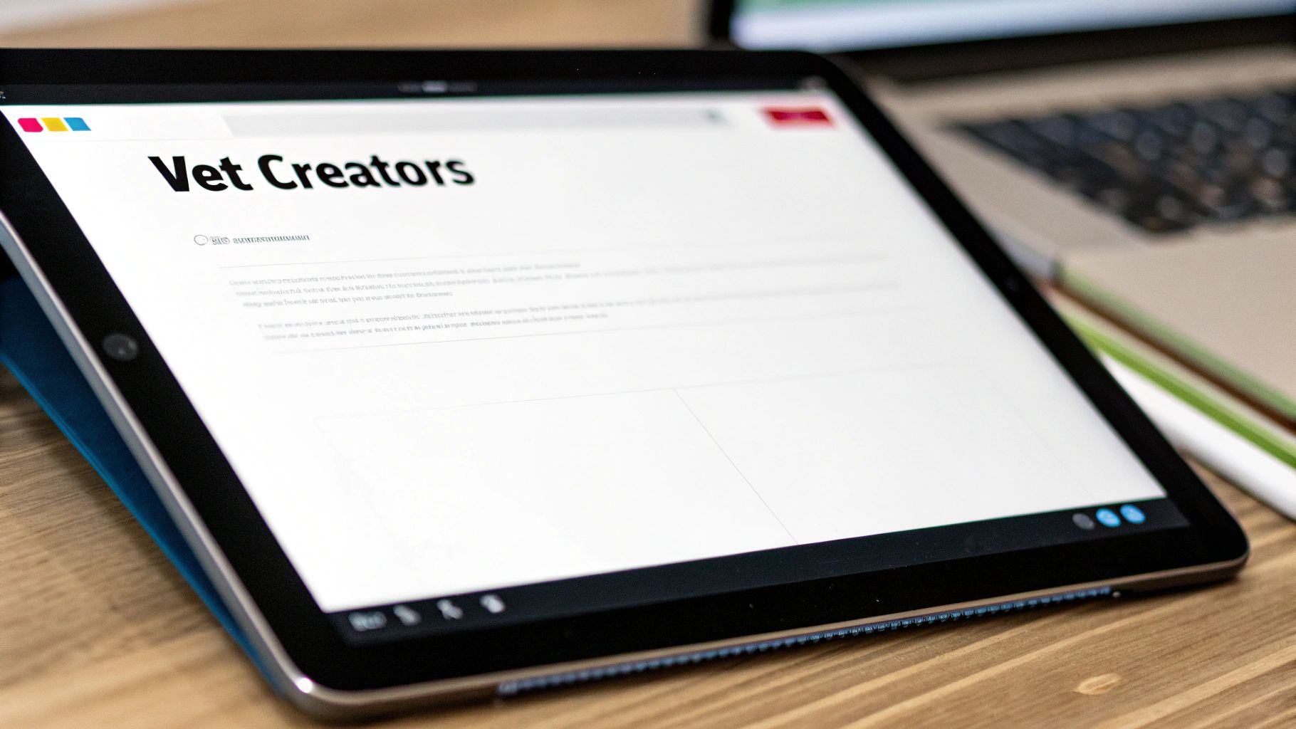 A person at a desk carefully reviewing a creator's profile on a laptop, with charts and social media feeds visible.