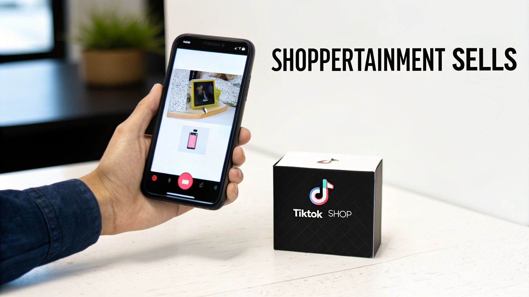 A hand holds a smartphone displaying products, next to a TikTok Shop box, with "SHOPPERTAINMENT SELLS" text.