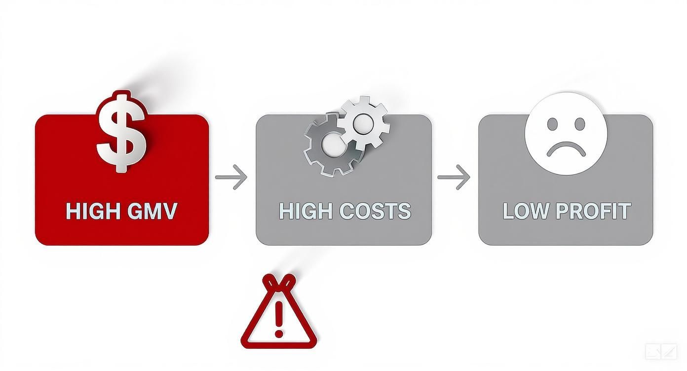 Infographic showing that High GMV combined with High Costs leads to Low Profit.