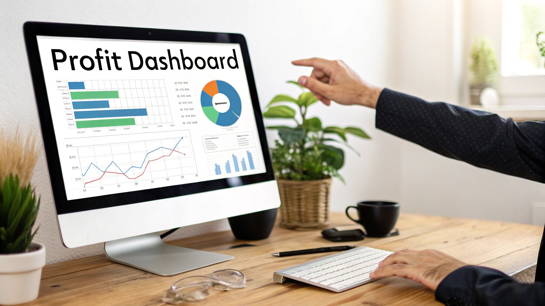A person reviewing a profit dashboard on a computer screen at a wooden desk.