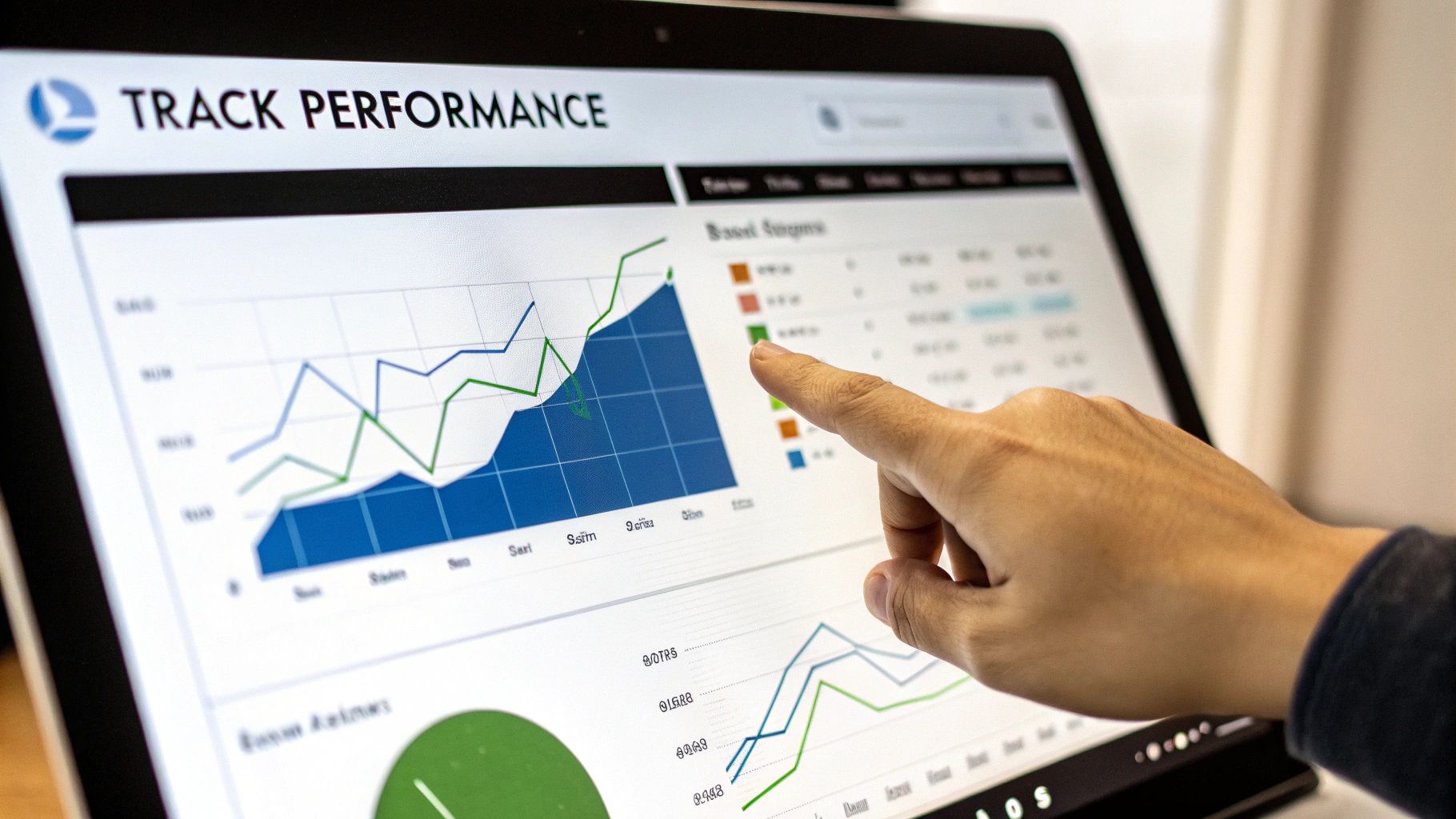 Hand pointing at a laptop screen displaying business performance tracking graphs and data.