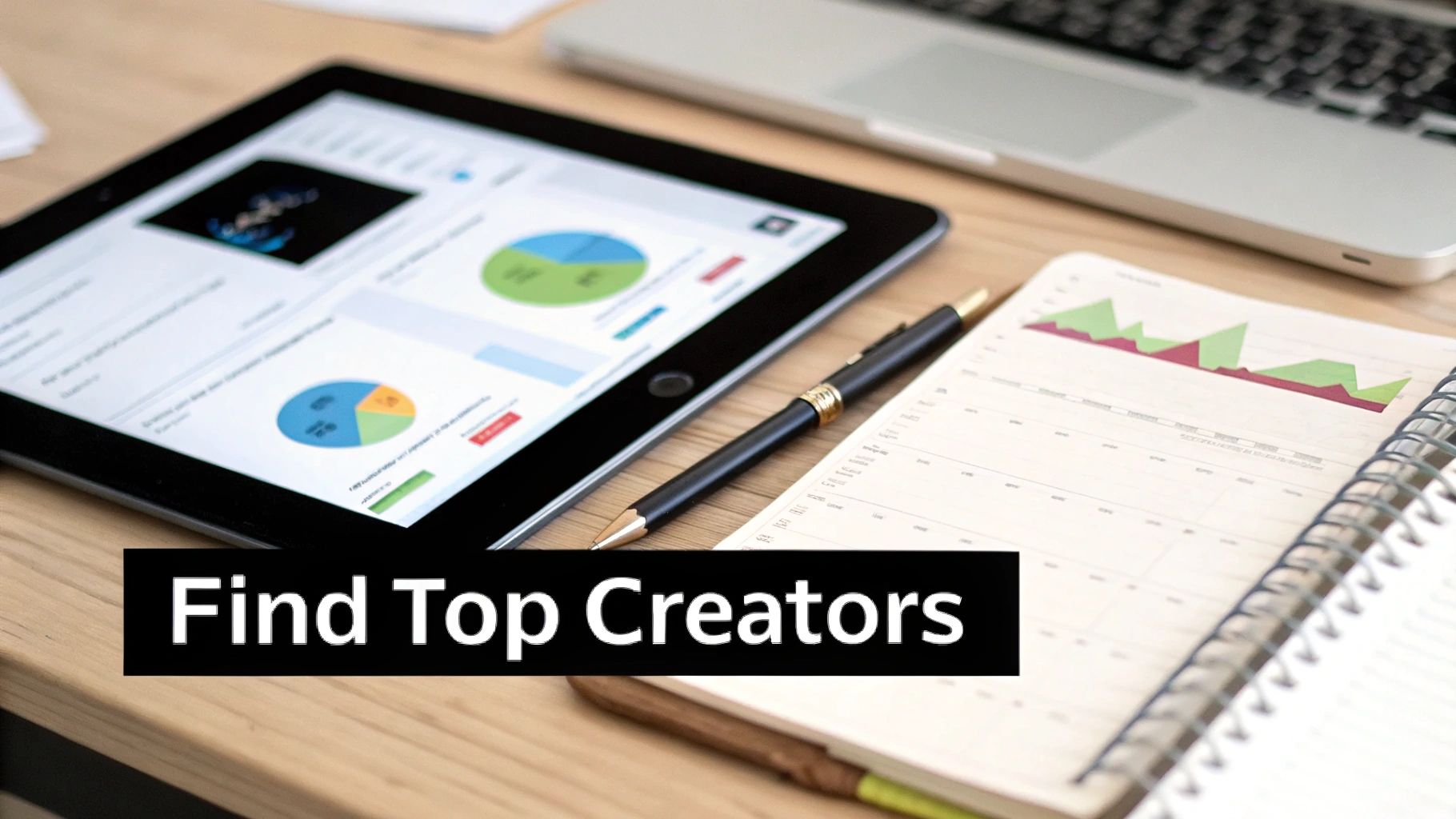 A top-down view of a business desk with a tablet, notebook showing charts, pen, and laptop.