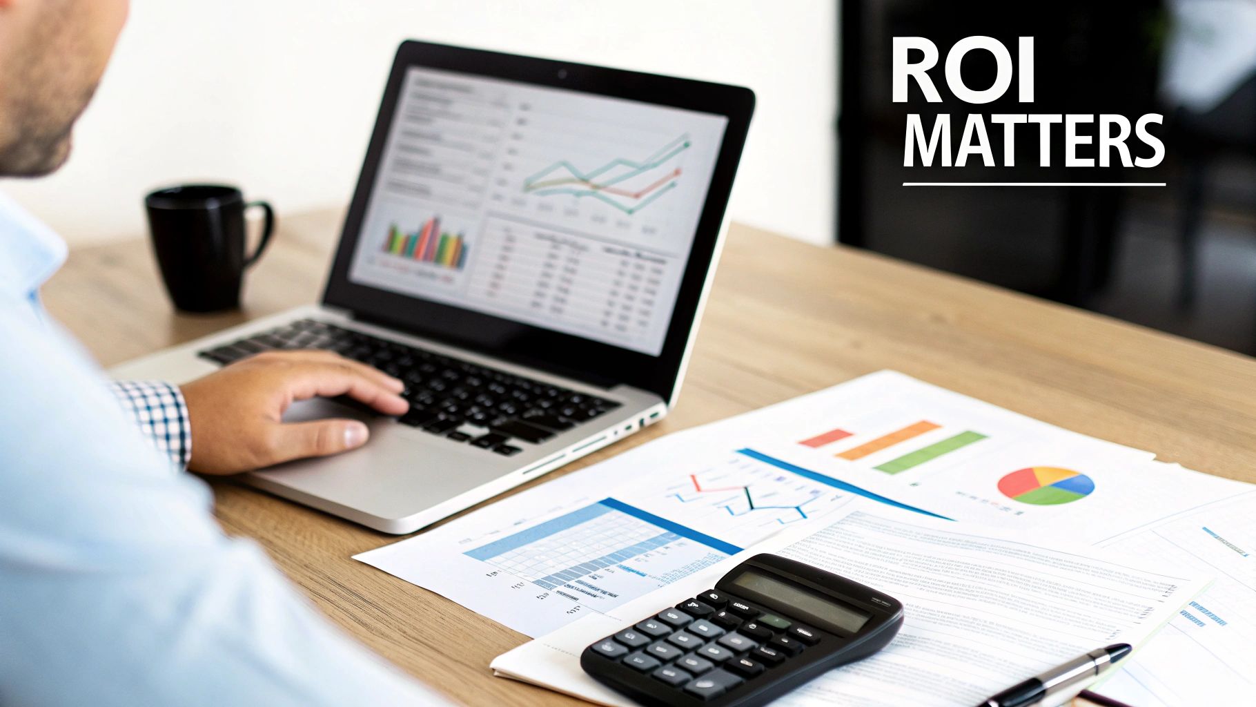 A person analyzes financial reports and data on a laptop and paper documents on a wooden desk.
