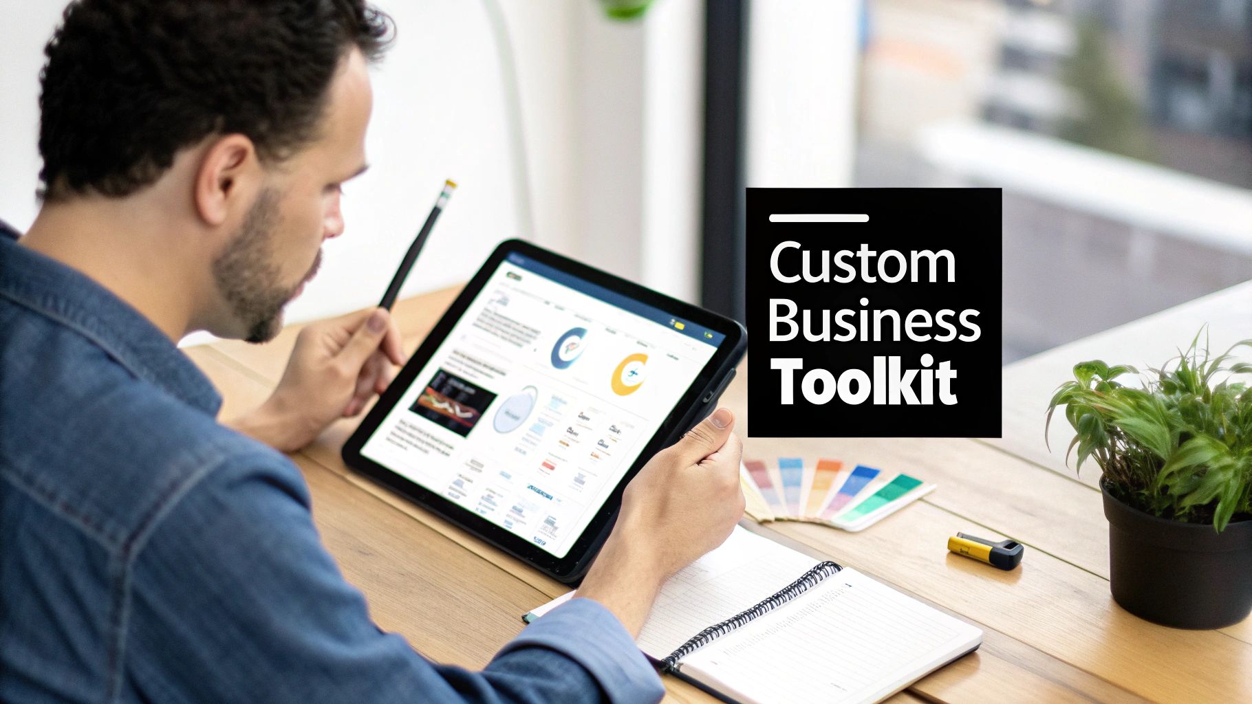 Man working on a tablet displaying business data and charts, using a stylus at a desk.