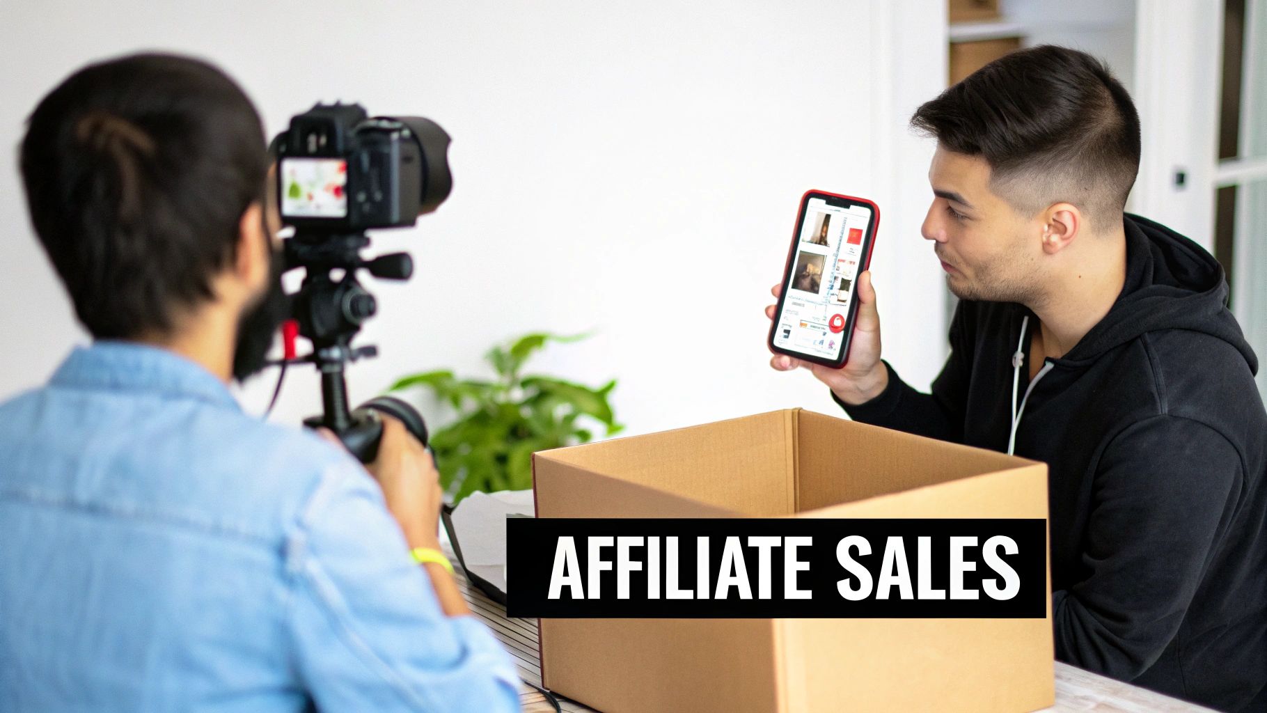 Two people creating content: one filming another showing a smartphone with product listings over a box for affiliate sales.