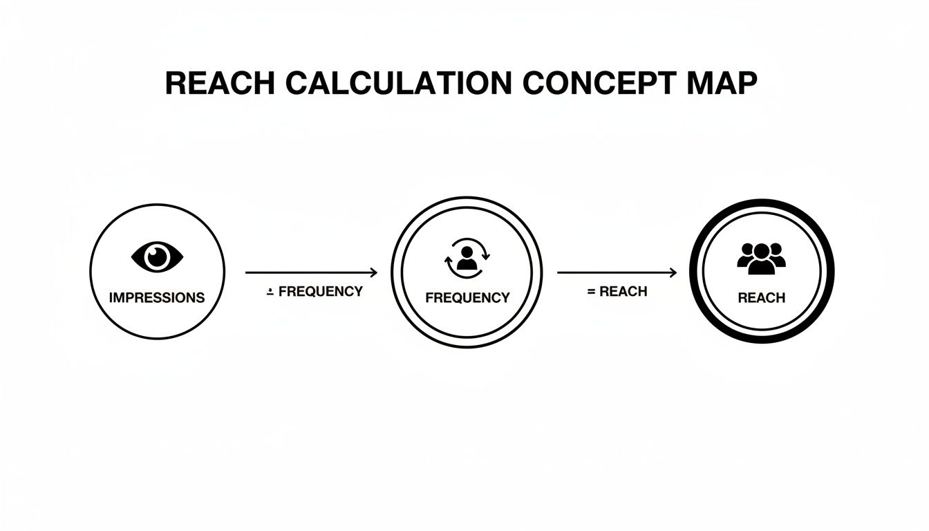 A concept map illustrating the formula for reach calculation: impressions divided by frequency equals reach.