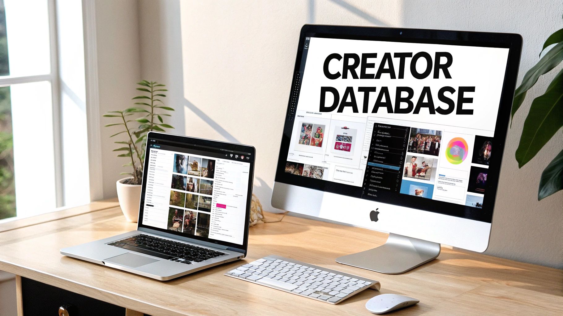 A bright workspace with a laptop and desktop monitor displaying a 'Creator Database' interface.