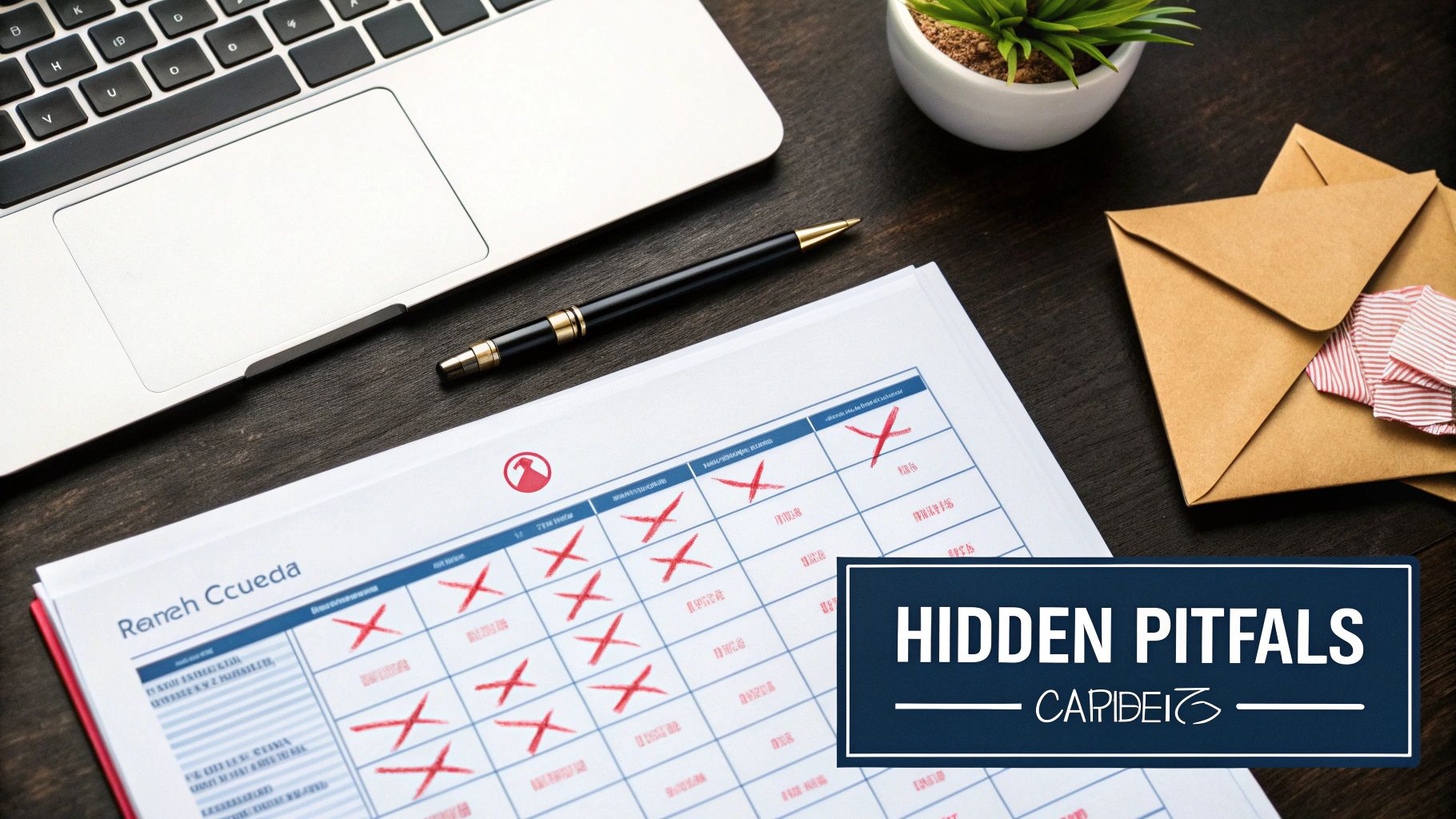 A flat lay showing a laptop, pen, document with red X's, and 'Hidden Pitfalls' text overlay.