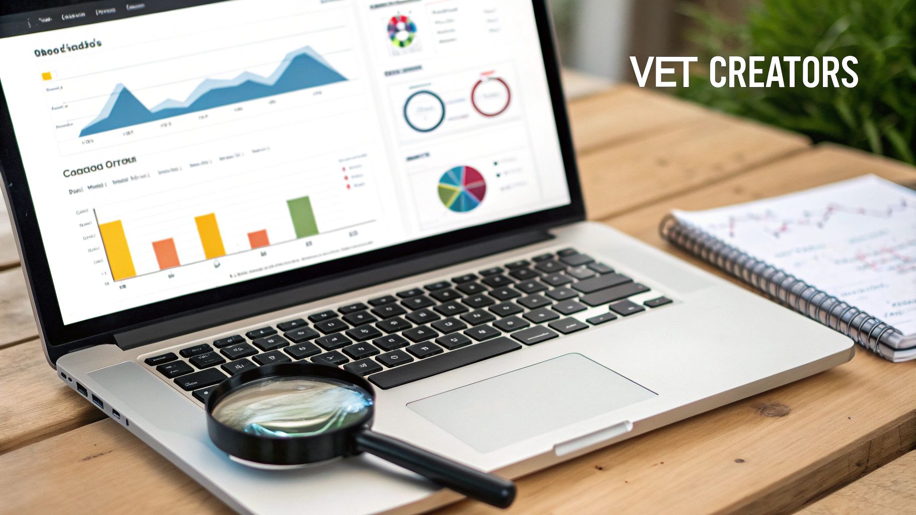 A laptop displaying data analytics charts, a magnifying glass on the keyboard, and a notebook.