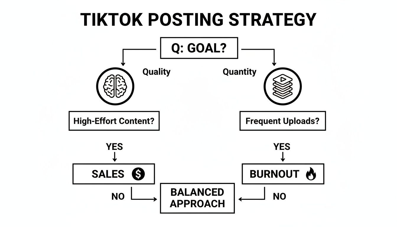 Flowchart illustrating TikTok posting strategy, comparing quality versus quantity for content creation.