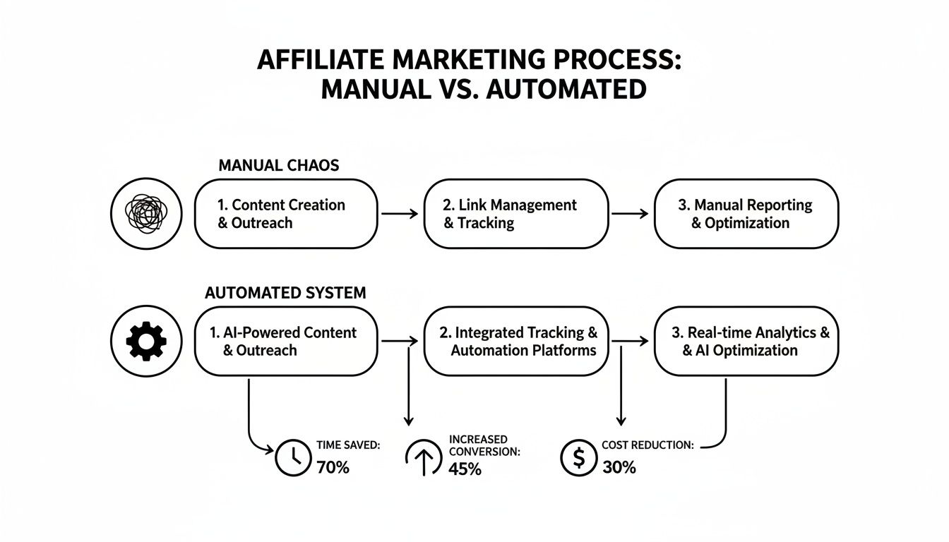 Diagram comparing manual versus automated affiliate marketing processes, highlighting benefits like time saved, increased conversion, and cost reduction.