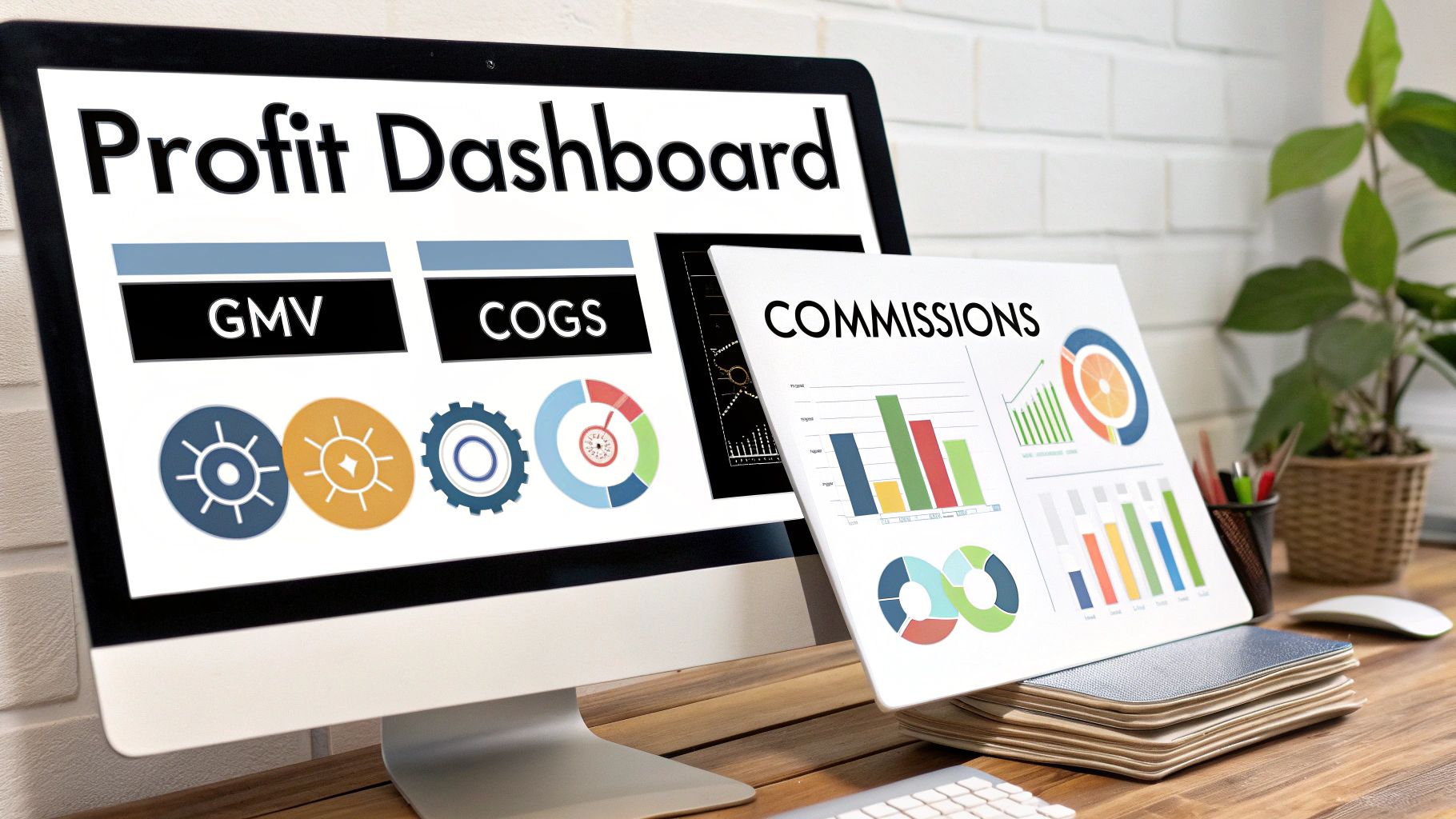 A computer displays a Profit Dashboard with GMV and COGS, alongside a 'Commissions' report, showing business analytics.