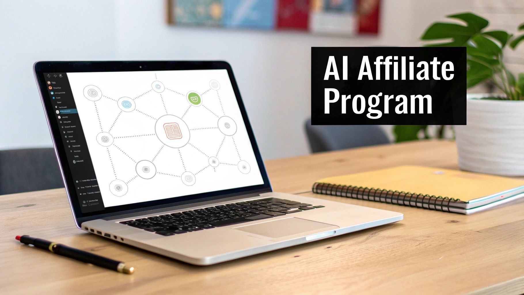 A modern workspace with a laptop showing a diagram, a pen, notebook, and plant on a wooden desk.