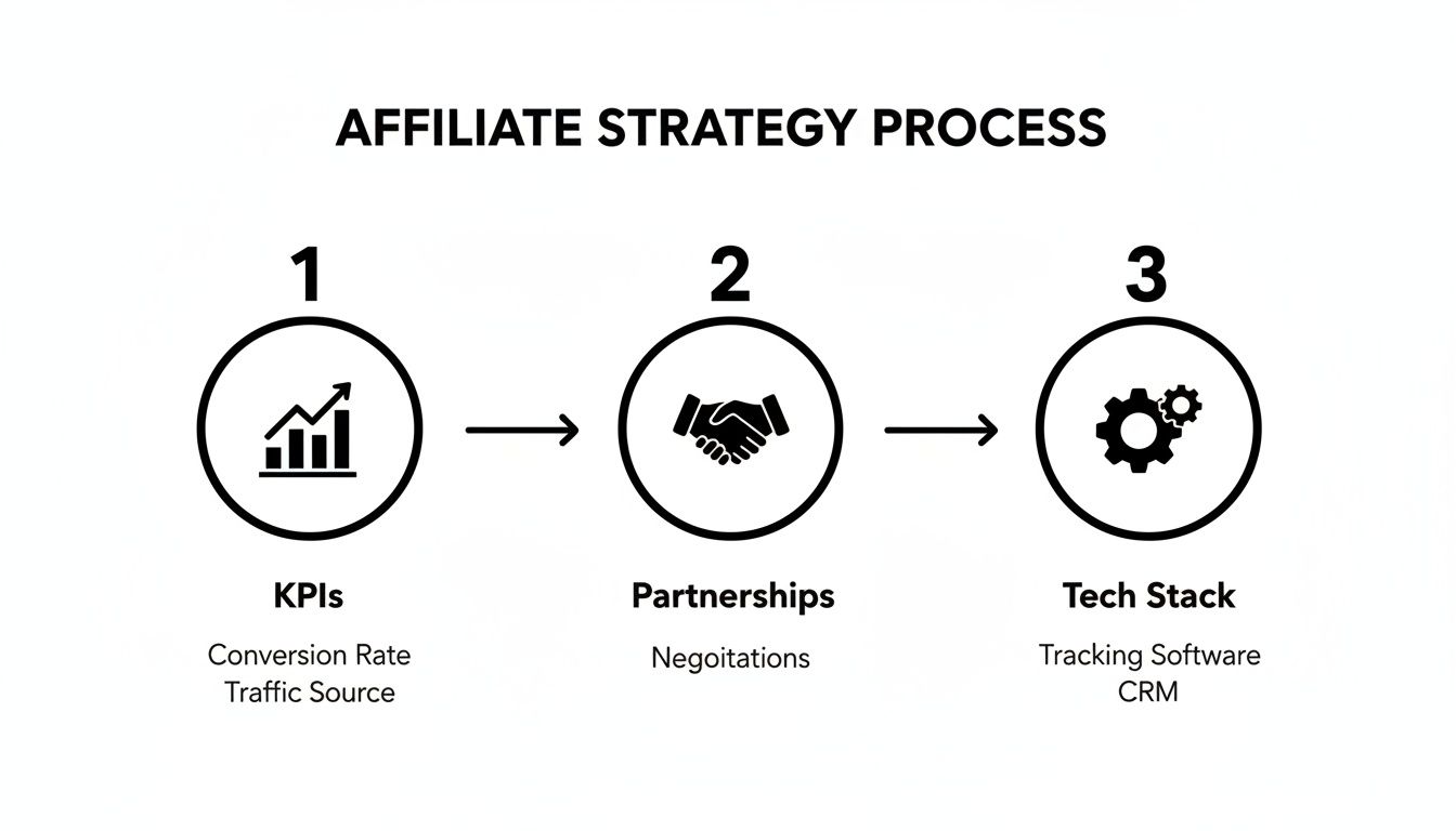An infographic illustrating the three-step affiliate strategy process: KPIs, Partnerships, and Tech Stack details.