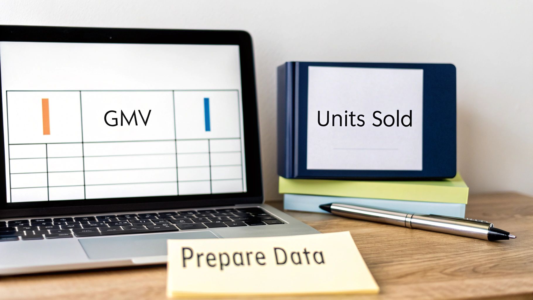 Desk setup with laptop displaying GMV data, 'Units Sold' binder, and 'Prepare Data' sticky note.