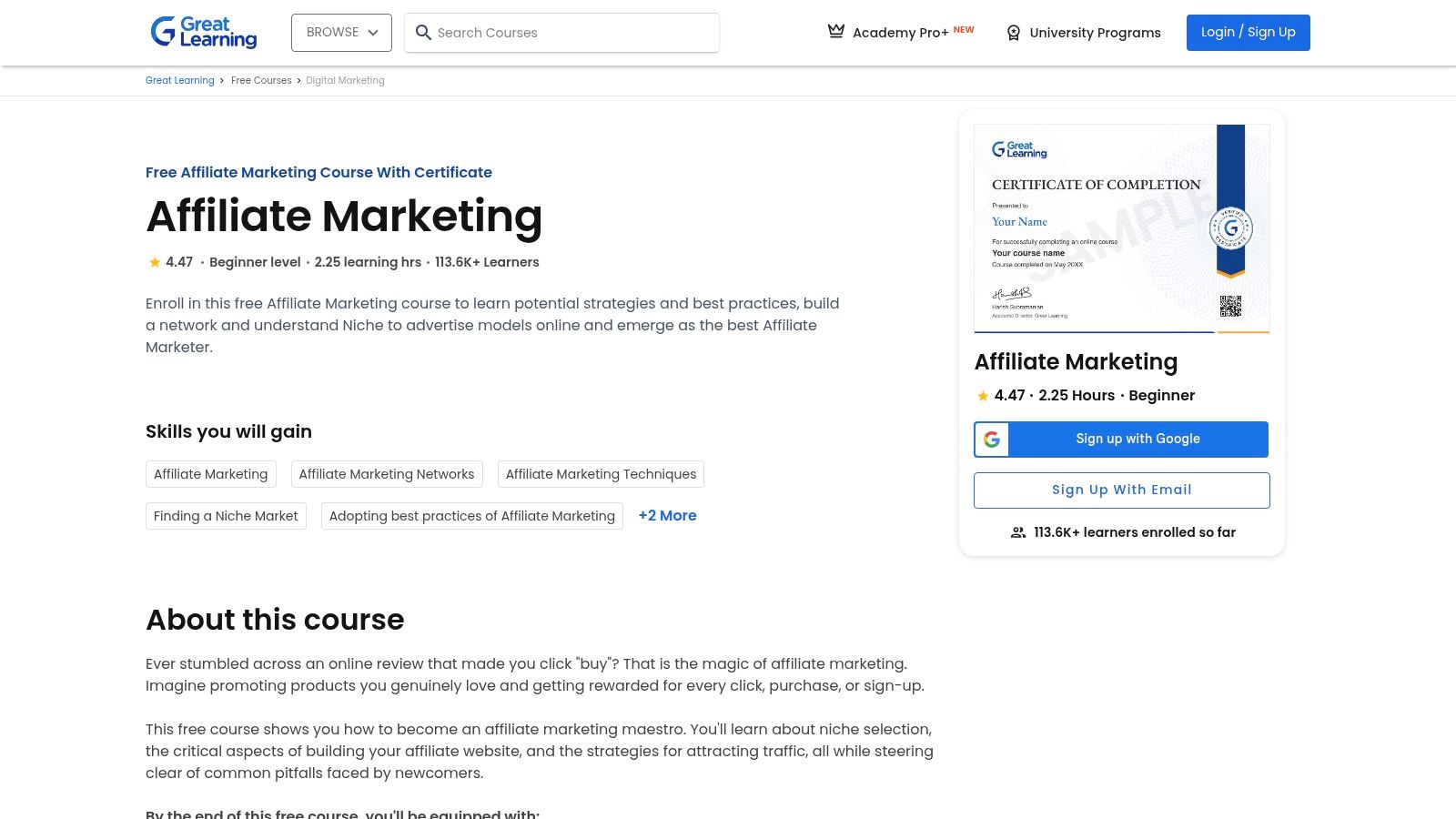 Great Learning Academy – Affiliate Marketing (Free Course)