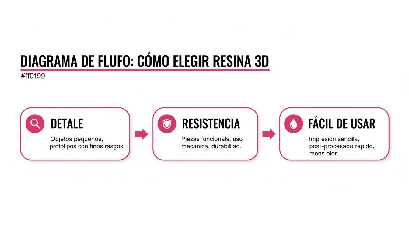 Diagrama de flujo que explica cómo elegir la resina 3D según las necesidades de detalle, resistencia o facilidad de uso.