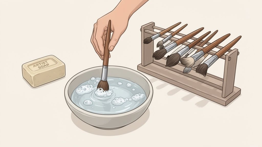 Una mano limpiando un pincel en un cuenco con agua jabonosa, junto a un soporte para pinceles.