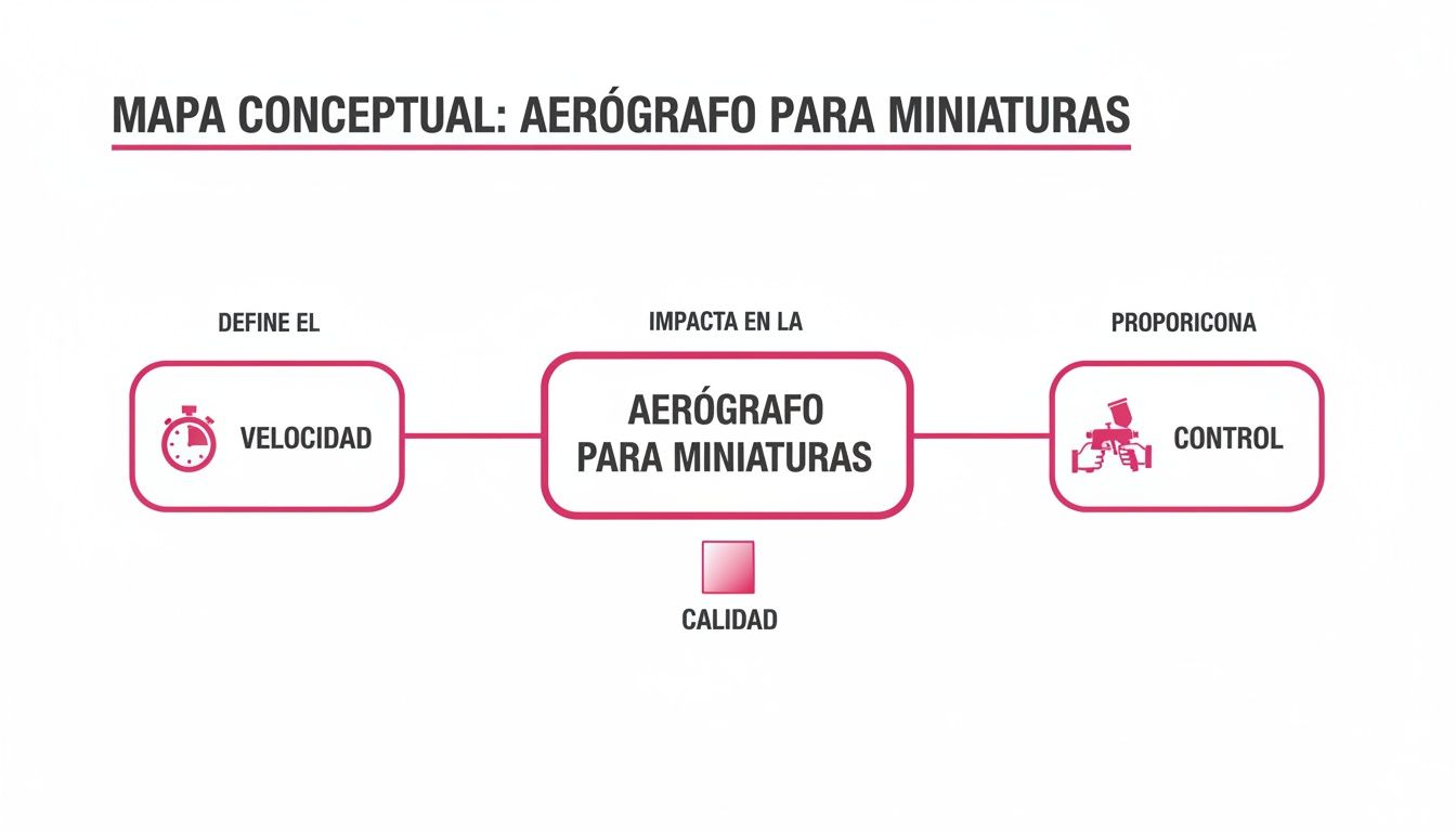 Mapa conceptual que describe un aerógrafo para miniaturas, mostrando que define velocidad, proporciona control e impacta en la calidad.