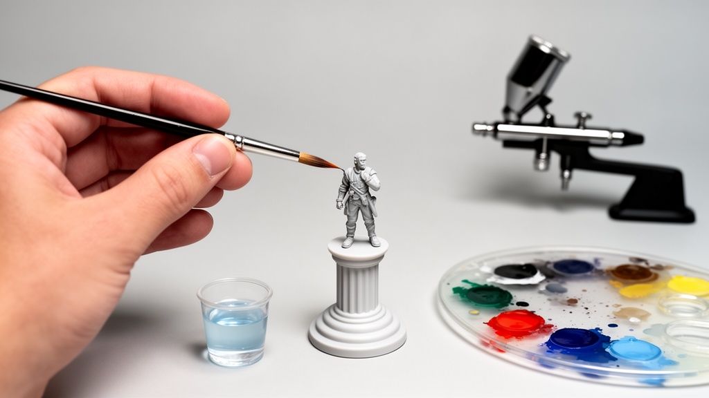 Mano pintando una figura de modelismo con pincel y pinturas de la paleta, con un aerógrafo de fondo.