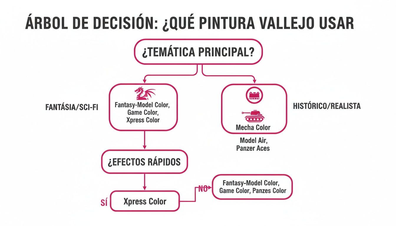 Diagrama de flujo para elegir pinturas Vallejo según la temática principal (fantasía/sci-fi o histórico/realista) y efectos rápidos.
