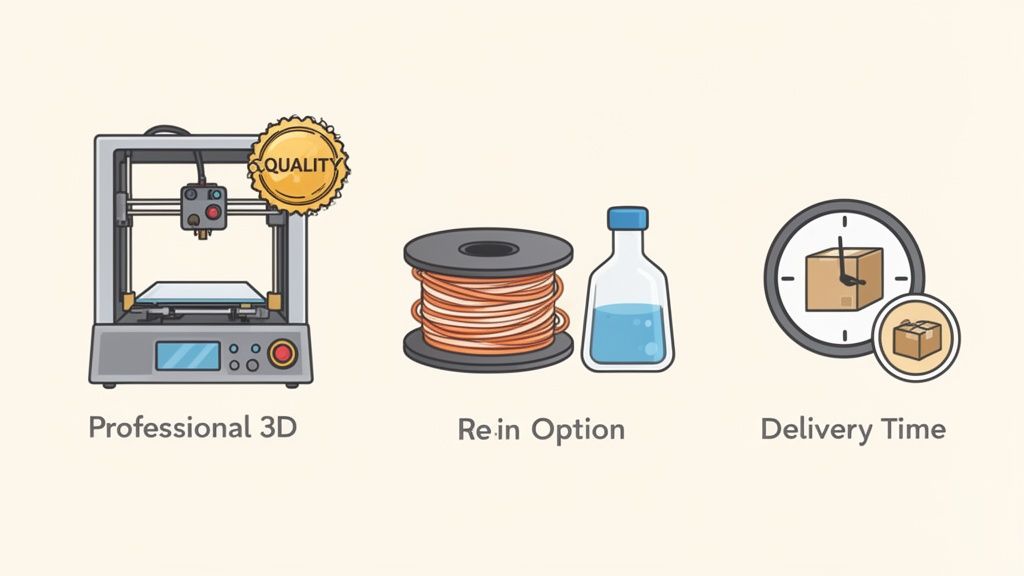 Tres iconos que representan un servicio profesional de impresión 3D, opciones de materiales y tiempo de entrega.