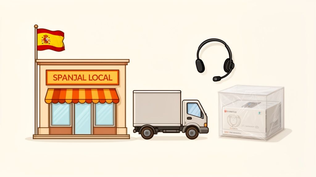 Tienda local española con bandera, camión de reparto, auriculares de soporte y producto empaquetado.