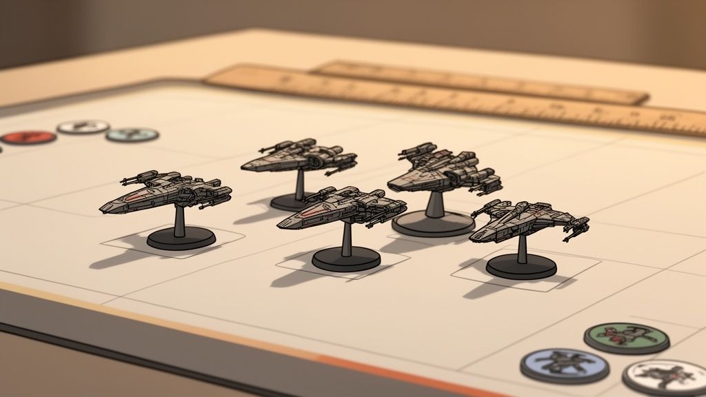 Detailed Star Wars X-Wing ship miniatures on a strategy game board.