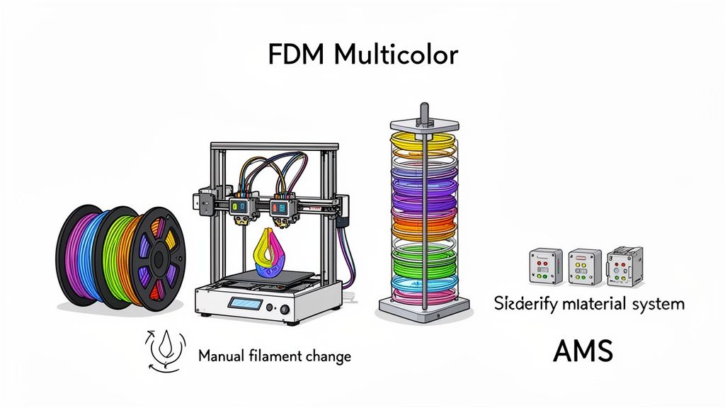 Diagrama de impresión 3D FDM multicolor, mostrando cambio manual de filamento y sistema de materiales automatizado (AMS).