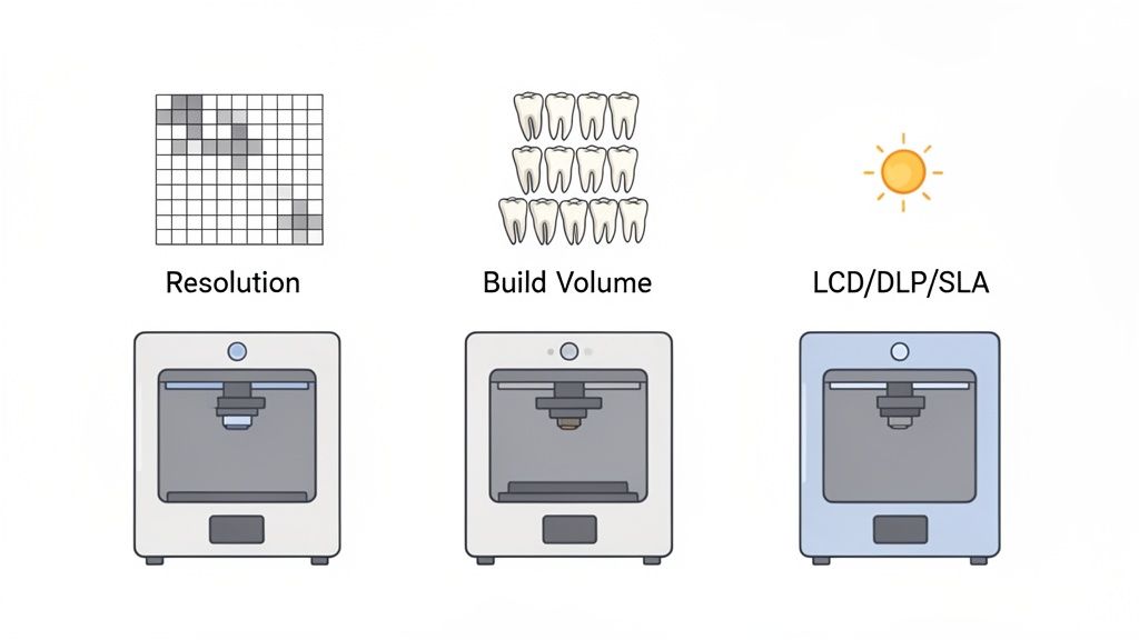 Ilustración de características clave de impresoras 3D dentales: resolución, volumen de construcción y tecnologías LCD/DLP/SLA.