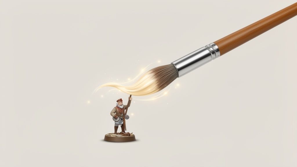 Miniatura de un hombre sosteniendo las cerdas luminosas y ondulantes de un pincel grande.