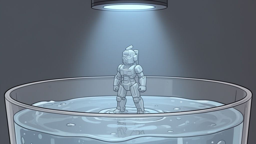 Una figura de robot gris se cura en un líquido transparente bajo una luz azul brillante, sugiriendo impresión 3D de resina.