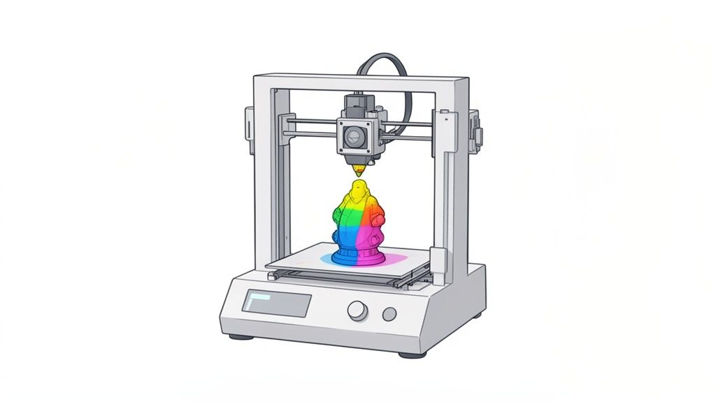 Una impresora 3D crea una figura multicolor vibrante con capas de arcoíris sobre una base blanca.