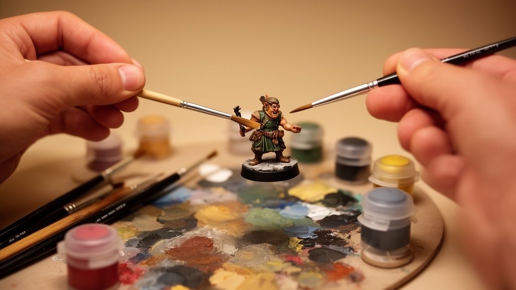 Two hands carefully painting a game miniature using brushes and a colour palette.