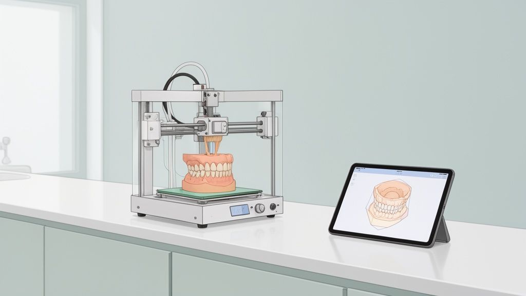 Impressora 3D dentária a fabricar um conjunto de dentes, com um tablet a exibir o projeto digital num laboratório.