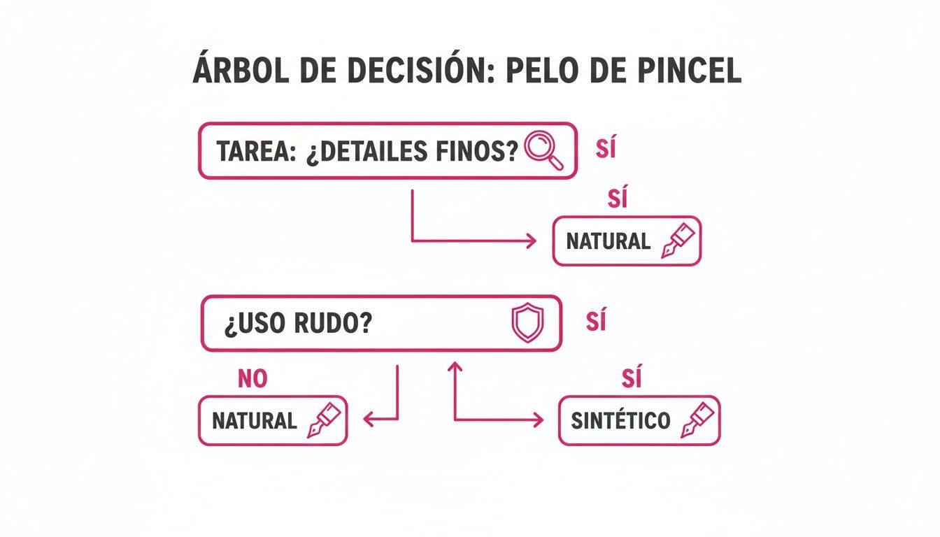 Diagrama de flujo para elegir el tipo de pelo de pincel según la tarea a realizar.